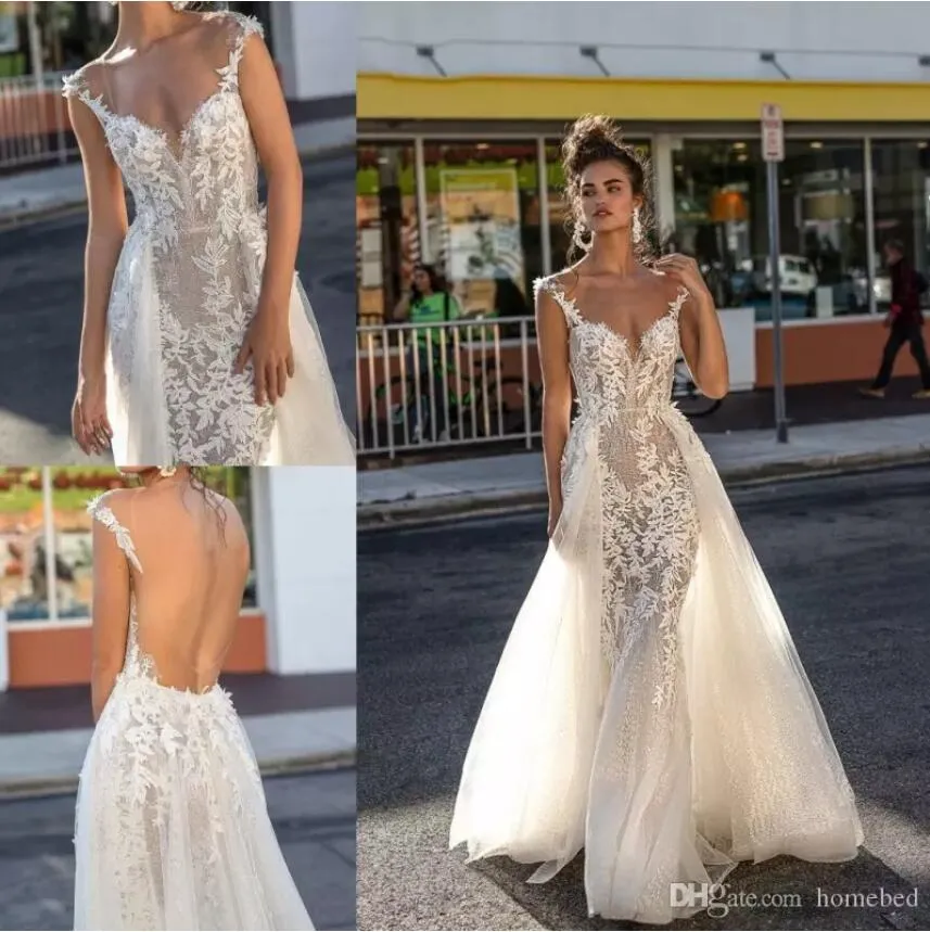 2019 Berta Beach Brautkleider, V-Ausschnitt, Spitze, appliziert, rückenfrei, sexy Brautkleider mit abnehmbarem Rock, Sweep-Zug, Brautkleid in Übergröße