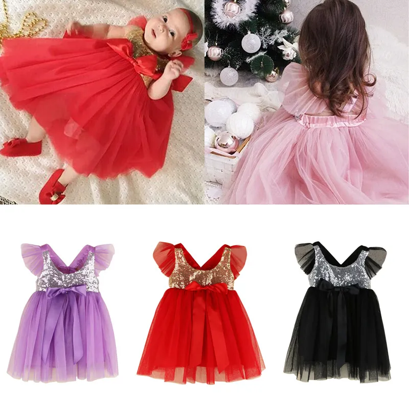 2018 Summer Baby Dresses Girls Ruffle paljett Bow Princess Dress Kids Party Fashion Gaze Sleeveless Dress 4 Colors