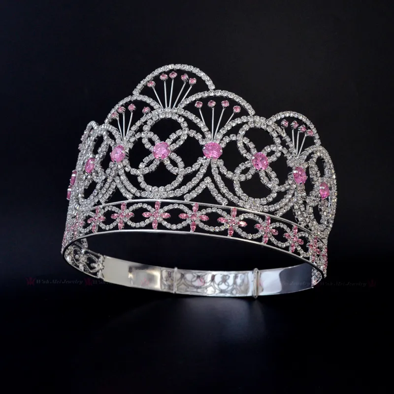 Crown Miss Teen USA Pink Color CZ Kamień Rhinestone Kryształ Regulowany Opaska Ślubna Bridal Włosy Biżuteria Tiaras Królewska Królowa Korona MO237
