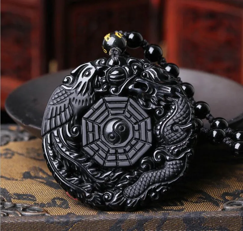 Natural obsidian dragon and phoenix gossip pendant jade necklace A goods jade brand men open light evil spirits