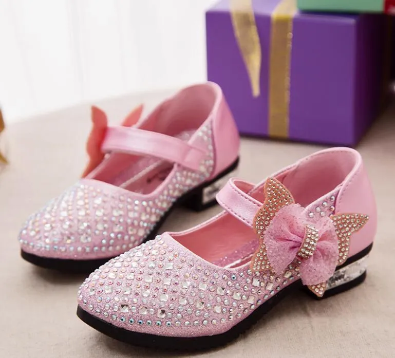 Fashion Sparkling Children Girls Wedding Shoes 2018 Girls Princess Shoes Korean Bow hot Small High-heeled Shoes GA199