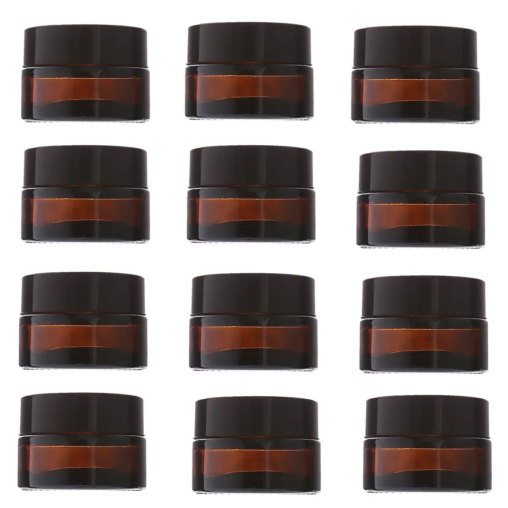 12pcs 20g Amber Glass Cream Jars Cosmetic Packaging with lid black plastic caps & inner liners round empty small glass jar pot