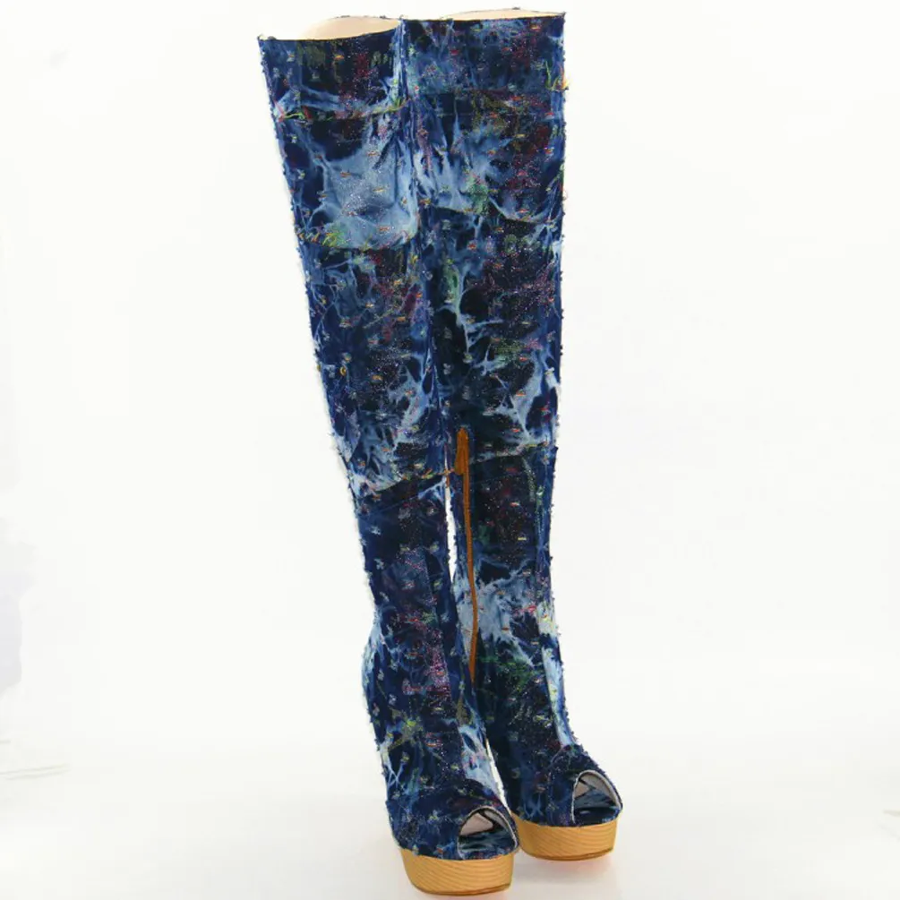 Kolno Nowy Design Classic Style Handmade Kobiety High Heel Buty Kolana Demin Peep-Toe Botki Moda Western Shoes X161037