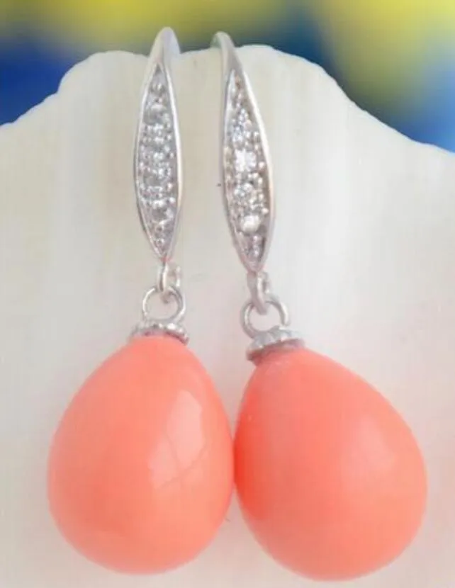 Hot Sale Free Shipping Wholesale> 12 * 14MM PINK CORAL SOUL SOUTH SEA SHELL PEARL BALANCING EARRING