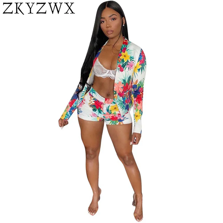 ZKYZWX Sexy Zwei Stück Set 2018 Sommer Herbst Neue Langarm Anzug Mantel + Blumen Druck Shorts Casual 2 Stück passenden Club Outfits