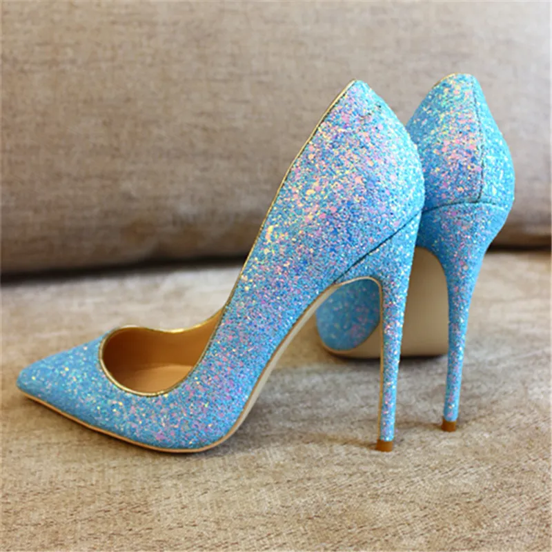 Fashion women Blue Glitter strass point toe shoes high heels thin heeled shoes pumps genuine leather 10cm Big size size 33-43