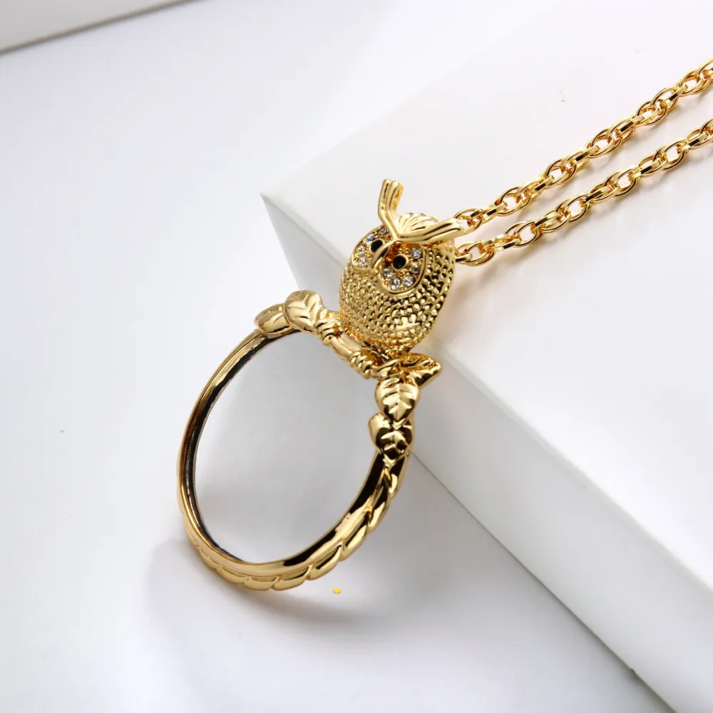 Magnifying glass necklace for reading women's fashion Owl pendant necklace Rhodium plated with crystal Magnifier necklace