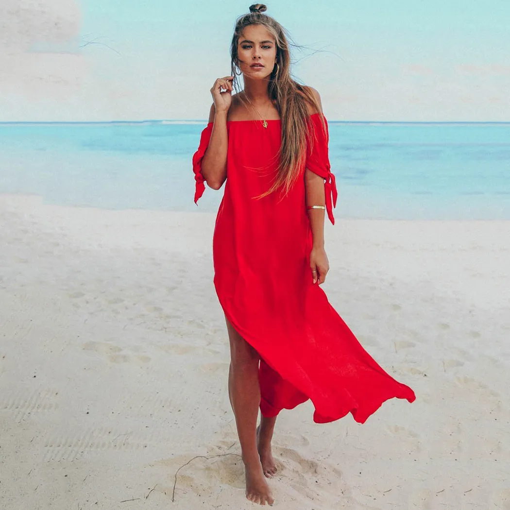 Elegancka Summer Beach Off Ramię Maxi Sukienka Kobiety Czerwone Sexy Luźne wakacje Boho Długie Suknie 2018 Solid Loose Sundress Vestidos