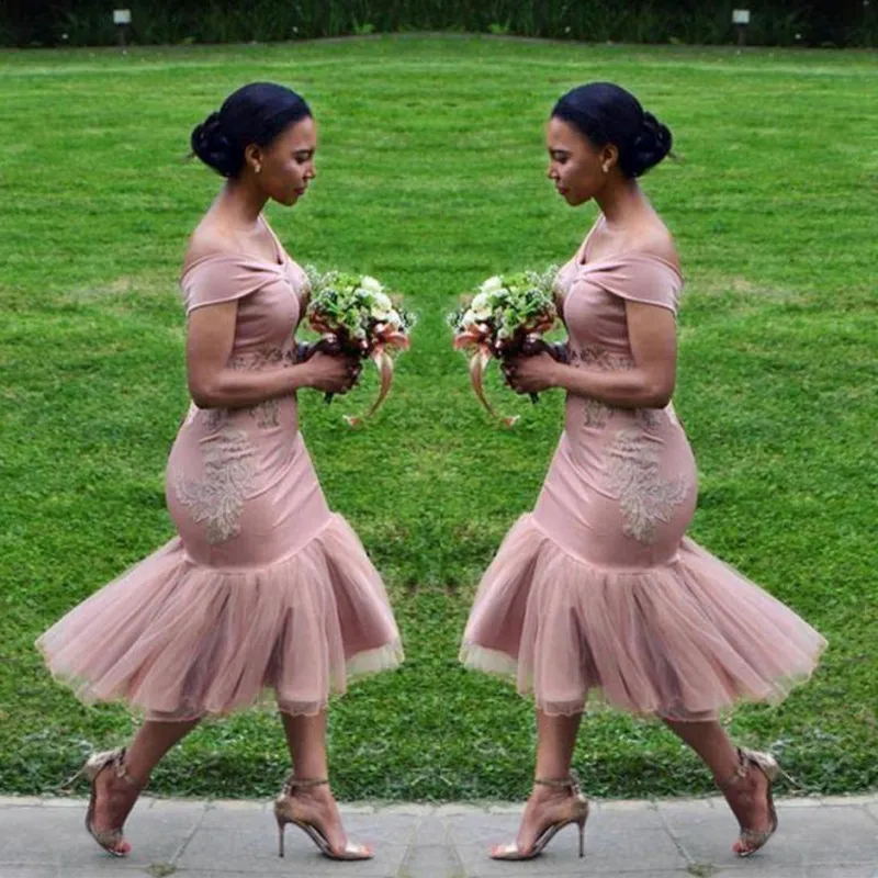 Dusty Pink Mermaid Bridesmaid Dresses 2018 Off The Shoulder Tea Length Short Maid Of Honor Gowns Cheap African Bridesmaid Dress