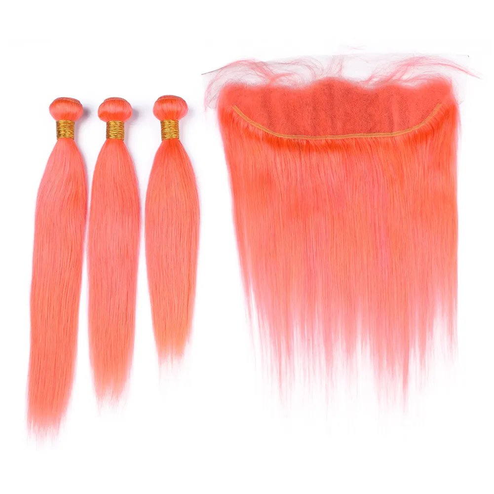 Extensions de trame de cheveux de couleur orange avec frontal 13x4 soleil brésilien couleur orange oreille à oreille frontale avec 9A tissages droits 3Bundles