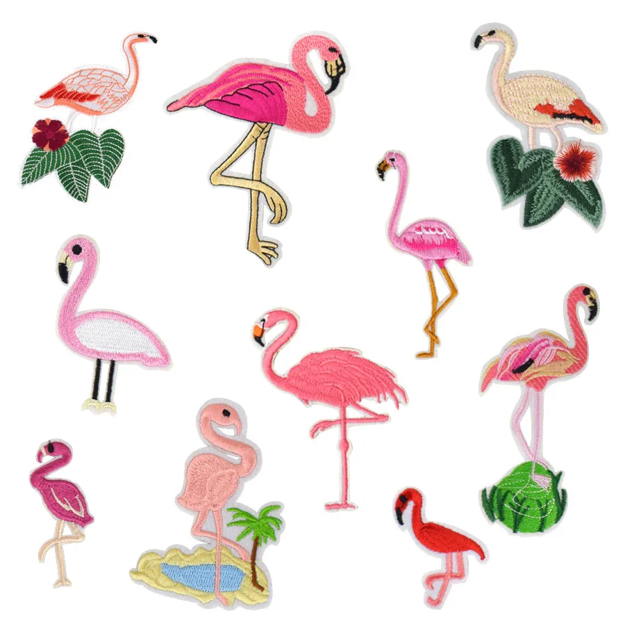 10 tipos flamingo manchas bordadas para sacos de roupa Ferro na transferência Applique patch para jeans de vestido DIY costurar em bordado crianças adesivos