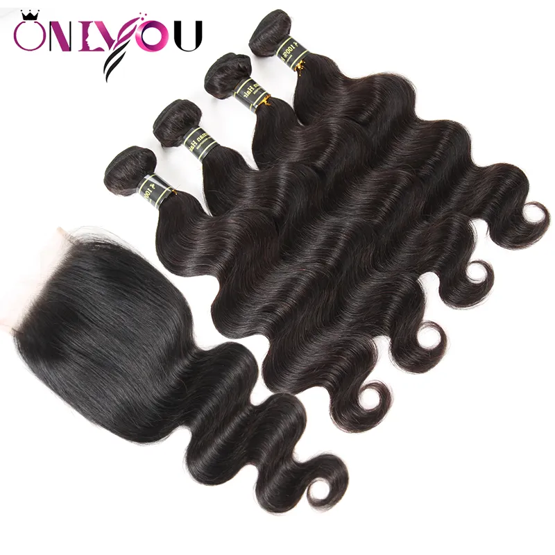 9A Peruvian Virgian Hish Hair Body Wave 4 Weaves Bundles with 4x4 Lace Closure حرير برازيلي الموجة