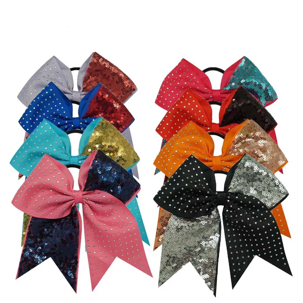 7039039 Solid paljetter Rhinestone Boutique Grosgrain Ribbon Cheer Bow med elastiska hårband för cheerleading Girl Hair6054988