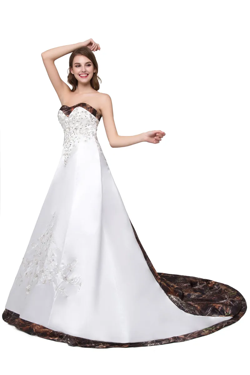 2018 Sexy Camo Sweetheart Appliques A-Line Wedding Dresses With Sequin Button Satin Wedding Party Bridal Gowns Vestido De Novia BW21