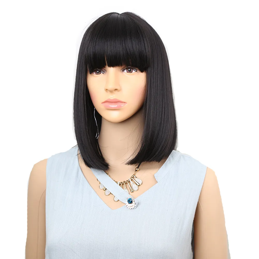 Straight Black Synthetic Wigs With Bangs For Women Medium Length Hair Bob Wig Heat Resistant bobo Hairstyle Cosplay wigs