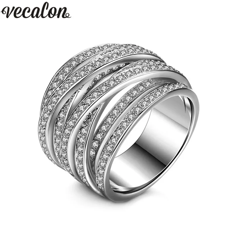 Vecalon Cross Female Ring Pave Inställning 5a Zircon CZ Bröllopsringar för kvinnor 10kt vitguldfyllda förlovningsbandgåva