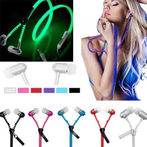 Lysande glödlampa Zipper Hörlurar Glöd i den mörka dragkedjan Hörlurar Headphone Headset med Retail Box för iPhone Samsung LG