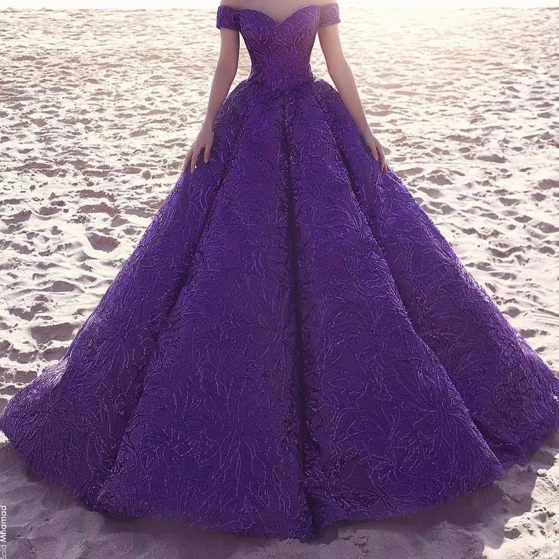 Fashion Deep Purple Prom Dresses Sexy Off Shoulder Floor Length Lace Ball Gown Party Dress Glamorous Saudi Dubai Celebrity Evening Dresses