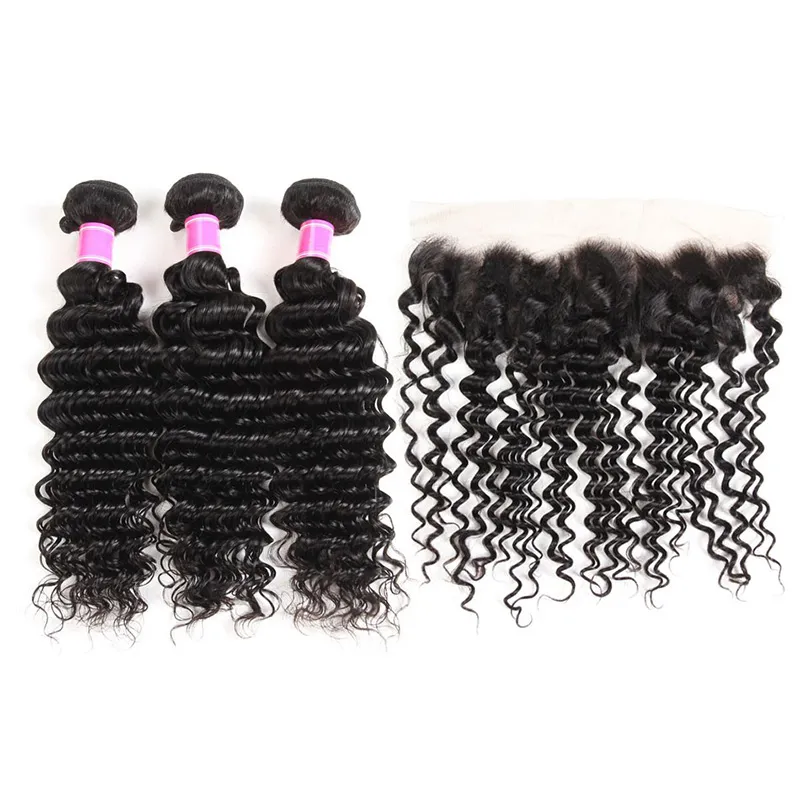 Braziliaanse Diepe Wave Virgin Hair 13x4 Kant Frontaal met Bundels 100% onbewerkt Braziliaans Menselijk Haar Weave Extensions Deals Natural Color