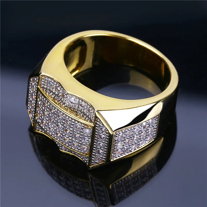 Hip Hop Miedź Złoty Kolor Plated Micro Better Full Circon Charm Finger Gold Pierścionki Bling Biżuteria dla Menwomen