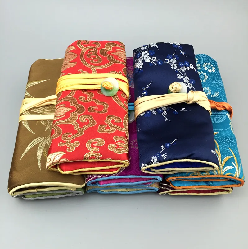 Portable Jade Button Silk brocade Jewelry Travel Roll Bag Chinese Cosmetic Pouch Drawstring Women Makeup Storage Bags 10pcs/lot