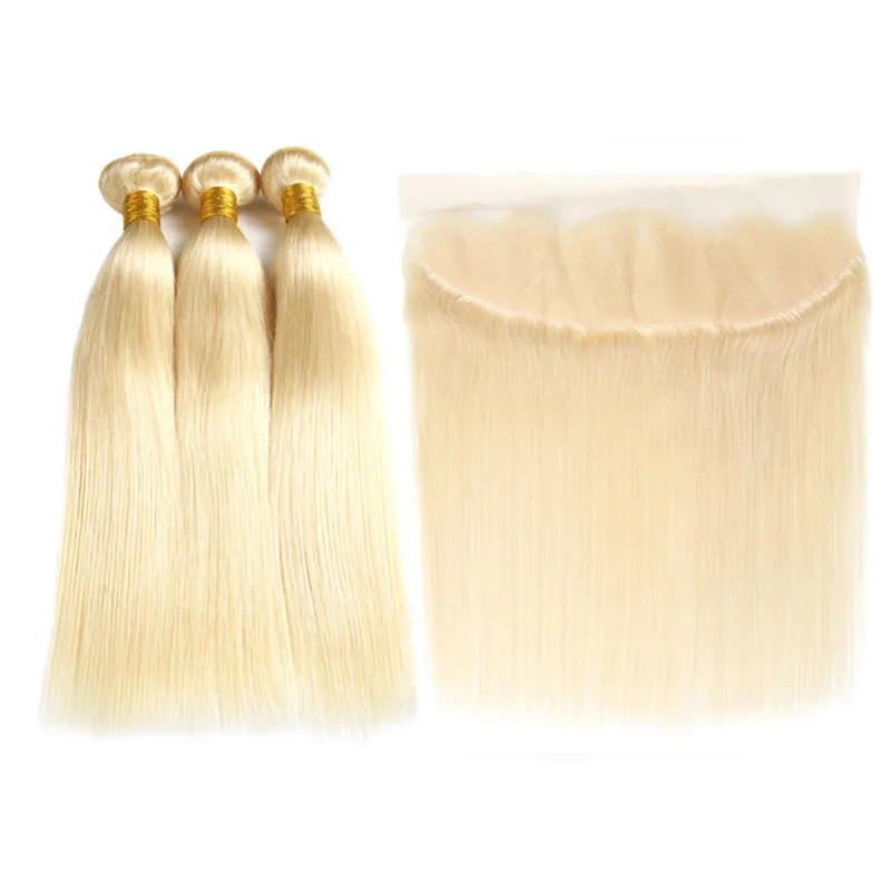 Blondbuntar med frontala brasiliansk jungfruhår 613 Blond silkeslen rakt mänskligt hårväv 3 buntar med 13x4 spets frontala 1025991703