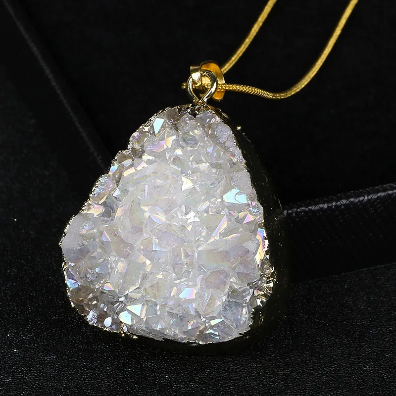 Opal weiß unregelmäßige Aura Kristall Quarz Anhänger Halskette Gold gefüllt natürliche Edelstein Stein Druzy Halskette für Frauen Drusy Schmuck