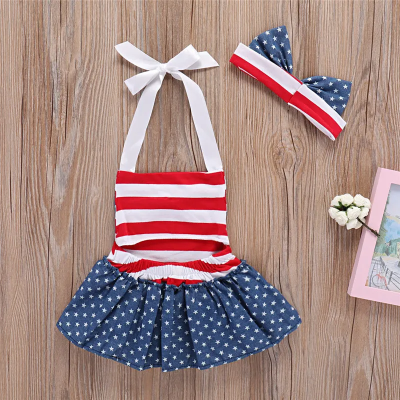 2018 New Baby Rompers Toddler Girls Clothes American Flag Pattern Romper Dress +Headband Cotton Girls Outfits Stars Striped Kids Dress