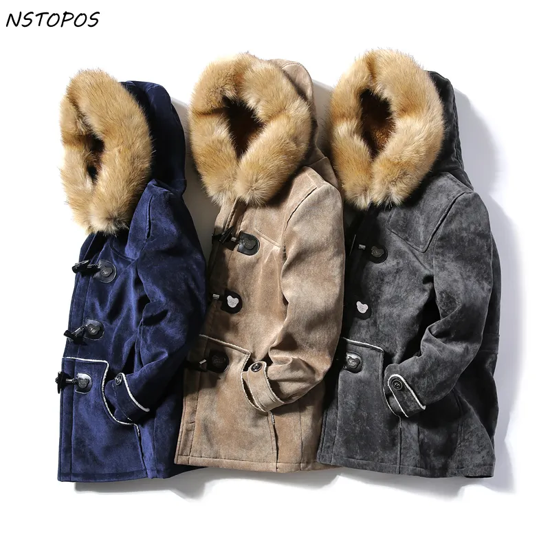 Camurça Parka Mens Fur Parka com Hoodie Horn Buckle Casais Amante Jaqueta de Inverno Homens e Mulheres Homme Marinho Cinza Cáqui