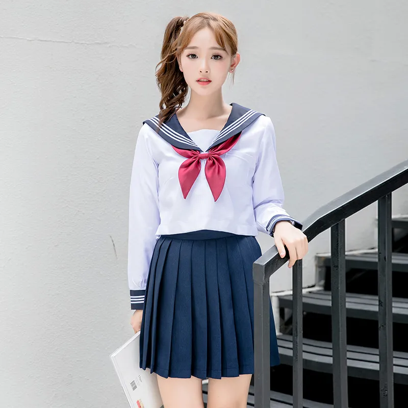 Sailor School Uniform Długie rękawy Navy Sailor Suit Koreańskie Japońskie dziewczyny Klasa Service Top + Spódnica dla Seksowne Dziewczyny Anime Cosplay Costumes