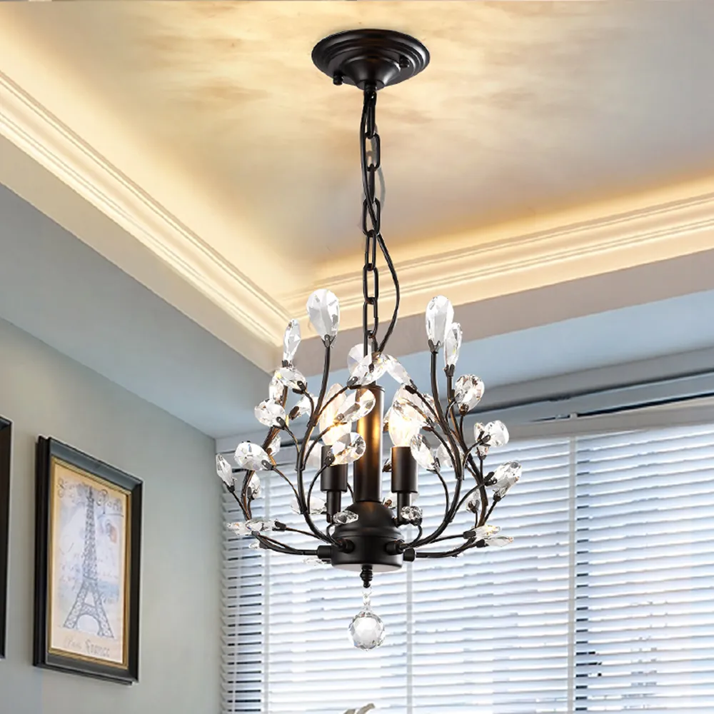 Lámpara de araña de hierro americano, accesorios de iluminación, luces colgantes de cristal, 3 cabezas, negro/bronce, para sala de estar, dormitorio, restaurante, porche