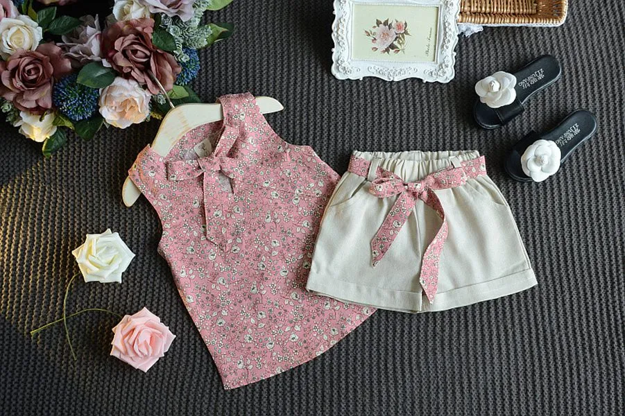 Fashion children girls outfits baby girls bow floral top Short set kids girls summer clothes suit child bow chiffon clothing6574153