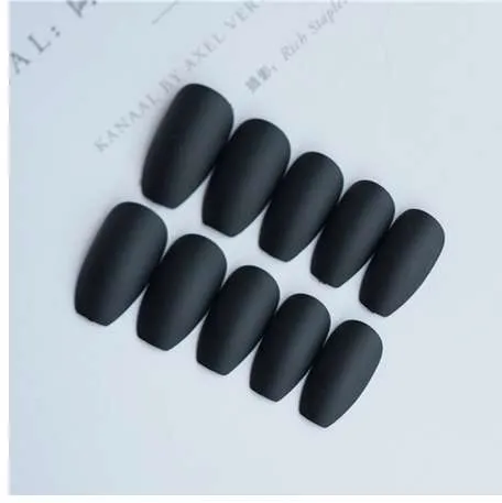 Matte Black Coffin Matte Black Nails Set With Glue For Ladies