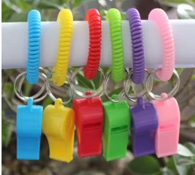 Cheerleading plastic whistle with spiral wrist band customized promotional whistle key ring