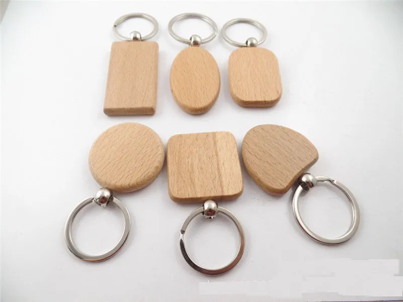 6Designs Tomt Wood Key Chain Rectangle Heart Round Rund Diy Carving Keyring Wood Keychain Taggar gåvor