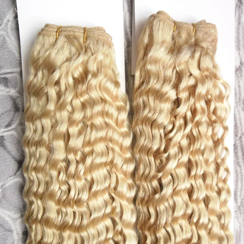 200g Kinky Curly Wave Brasilian Hair Weave Bundles 613 Bleach Blond Remy Human Hair Weaving 12-26INCH 