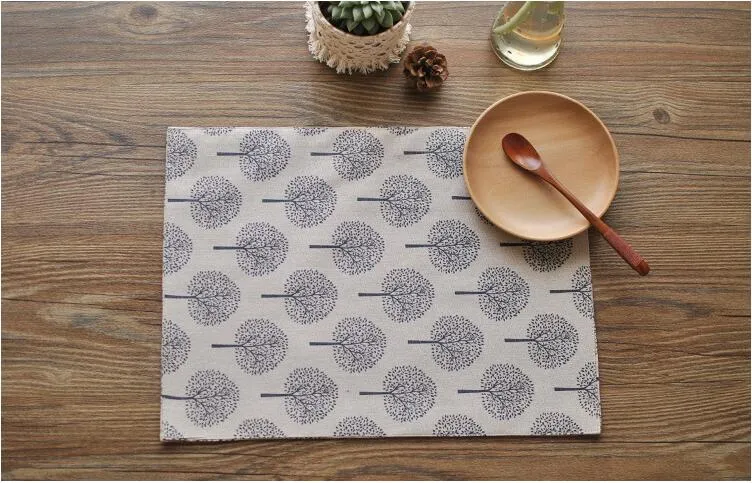 40x30cm Linen Bomull Matta Modern Trädmönster Placemat Matbord Mat Kusthaster Värme Isolering Pad Protector Table Dekoration