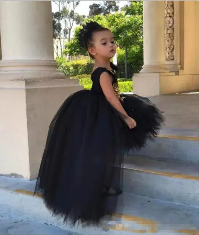 A Line Black Long Sleeves Beaded Flower Girl Dresses