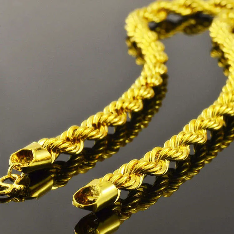 Hip Hop 24 Inches Mens Solid Rope Chain Necklace 18k Yellow Gold Filled Statement Knot Jewelry Gift 7mm Wide249K