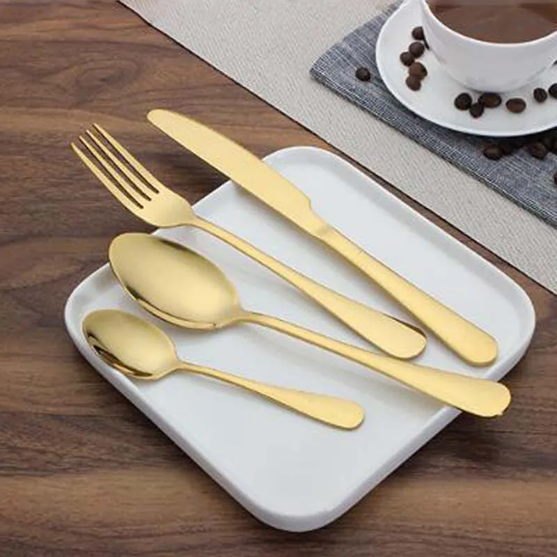 Guldpläterad bestick sked gaffel kniv te sked matte guld rostfritt stål mat silverware serverredskap utensil