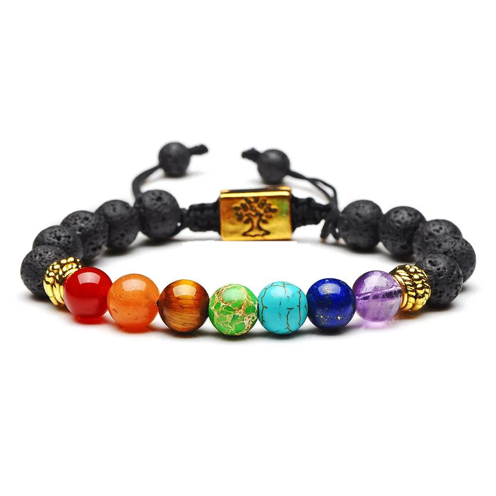 Fashion Black Lava Stone Essential Oil Diffuser Bracelet Square Tree of Life 7 Chakra Beads Women Men Yoga Buddha Bracelets Jewelry Gift