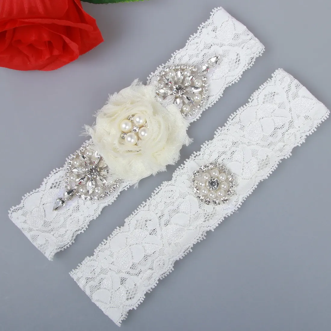 Set Bridal Garters Lace Wedding Belt Set Pearls Handmade Royal Blue Chiffon Flower Rhinestones Vintage Prom Gift Cheap In Stock