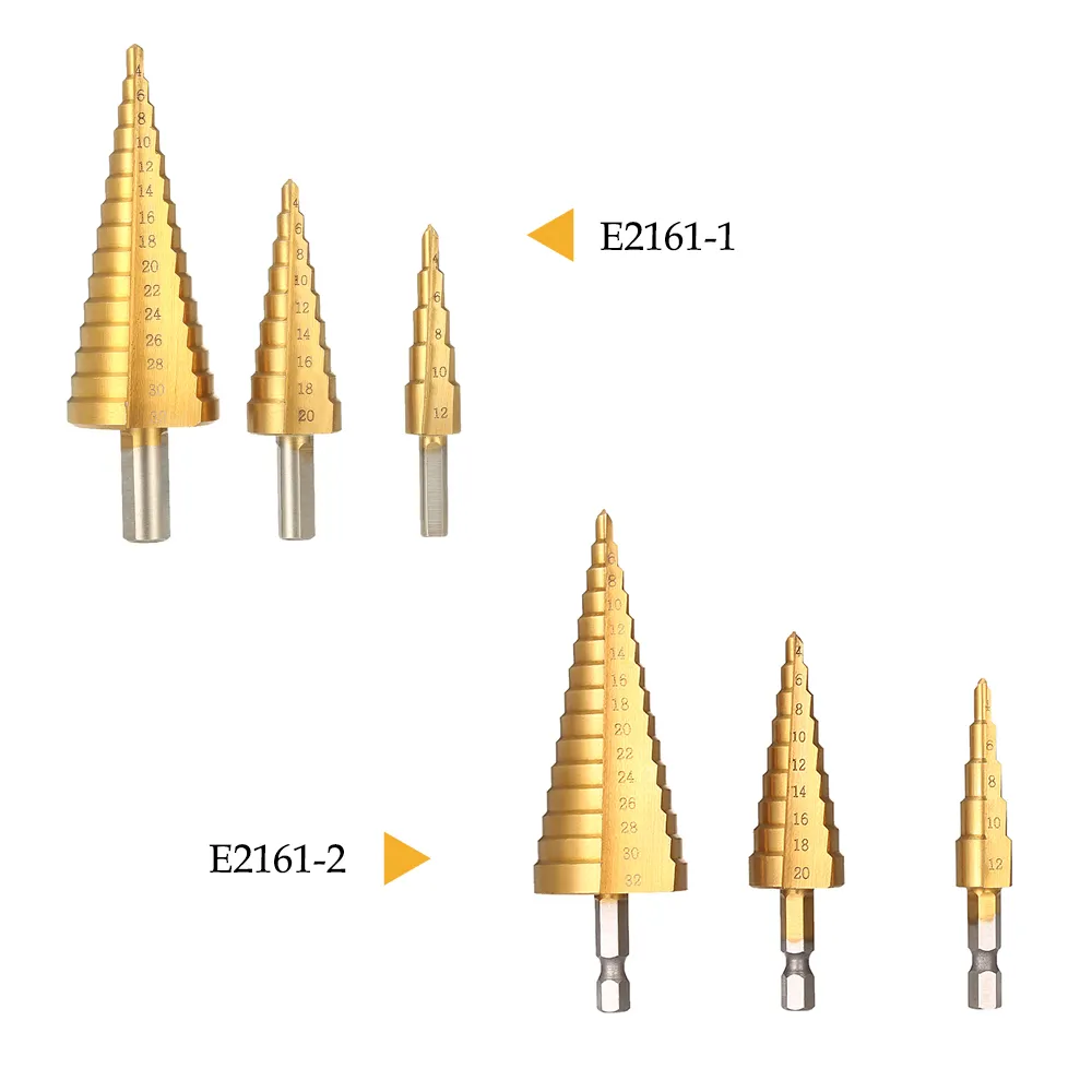 Freeshipping 3pcs HSS-steg Borrbitar Titanumbelagd Rät Flöjt Pagoda Borr Bit Set Woodworking Perforator 1/4 