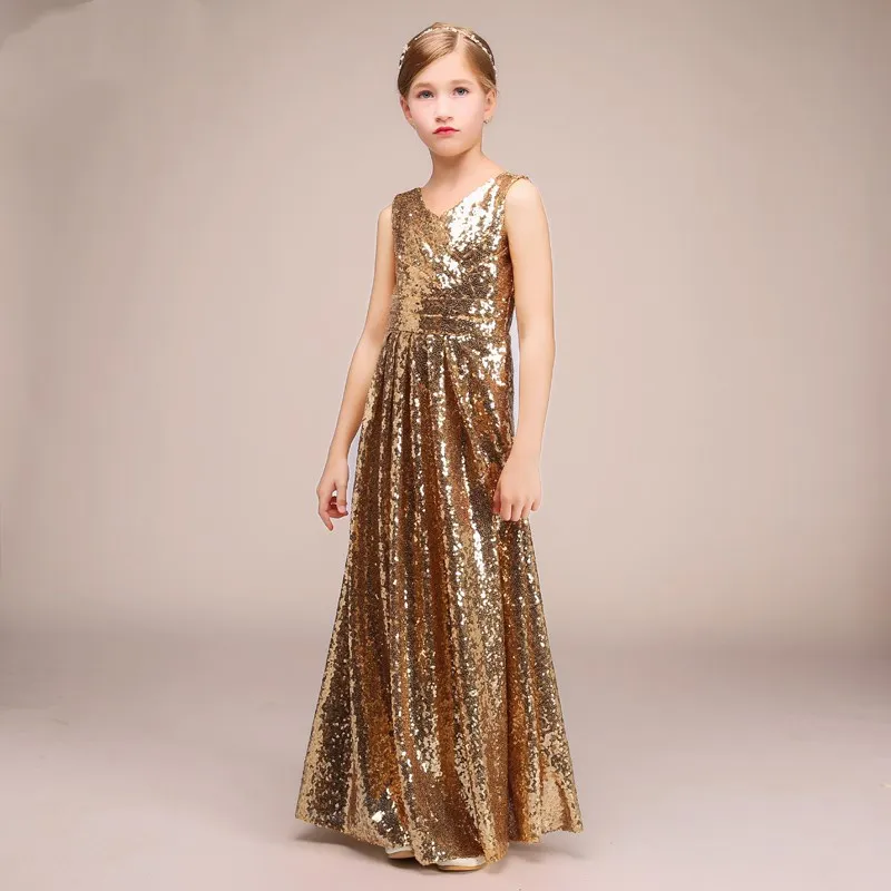 Guld sequined little girls pageant desses 2018 juvel nacke skräddarsydda gnistrande barn formella slitage bröllop blomma flicka klänningar