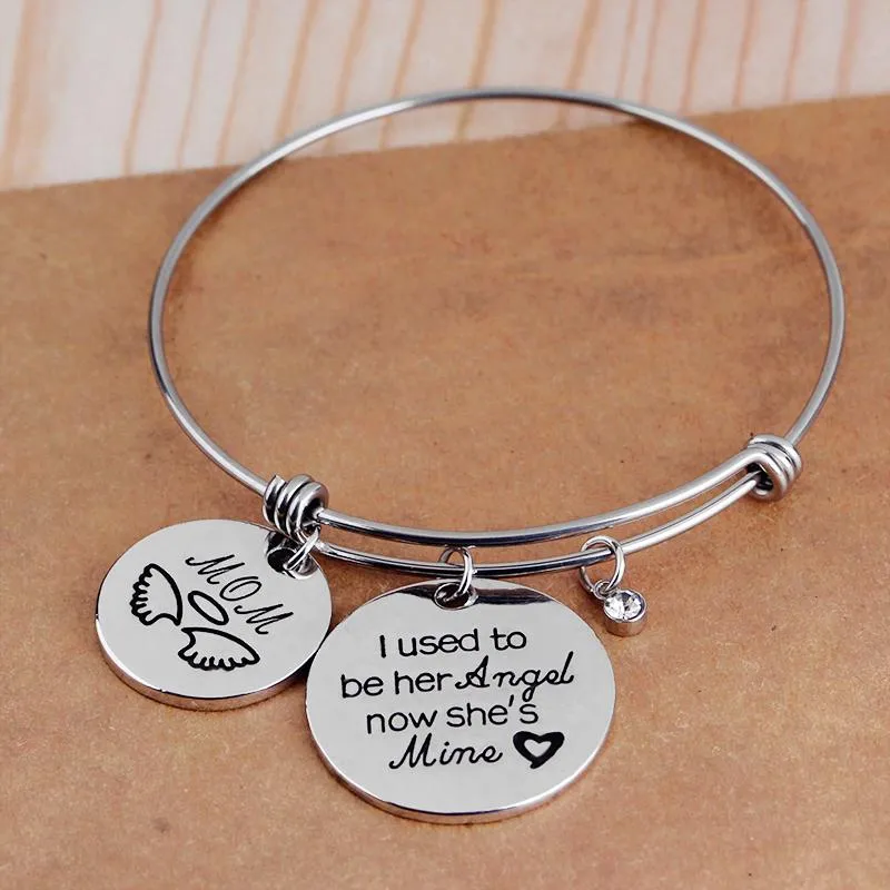 Memorial Bracelet I Used To Be His Angel Now He's Mine Dad Angel Wing Hand Stamped Mom Bangle for Memorial Gift Sympathy Gift