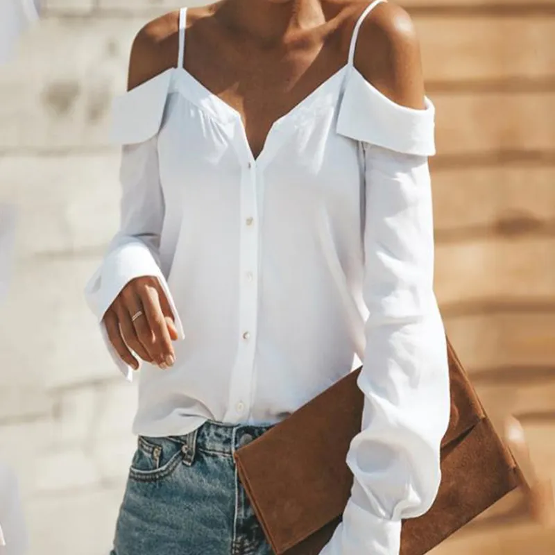 Sexy Off Shoulders Sling Shirt Sommer Mode V-ausschnitt Langarm Blusen Slash Neck Pullover Tops Femininas Herbst Plus Größe