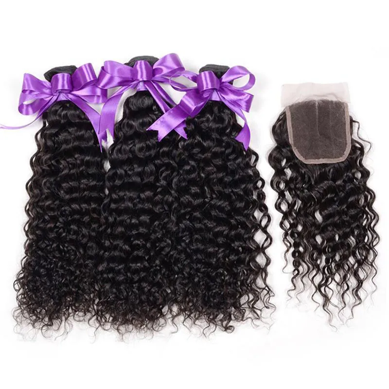 Brasiliansk Kinky Curly Human Hair 3 Bundlar med 4x4 Lace Closure Billiga Brasilianska Curly Virgin Human Hair Weave Extensions med stängning