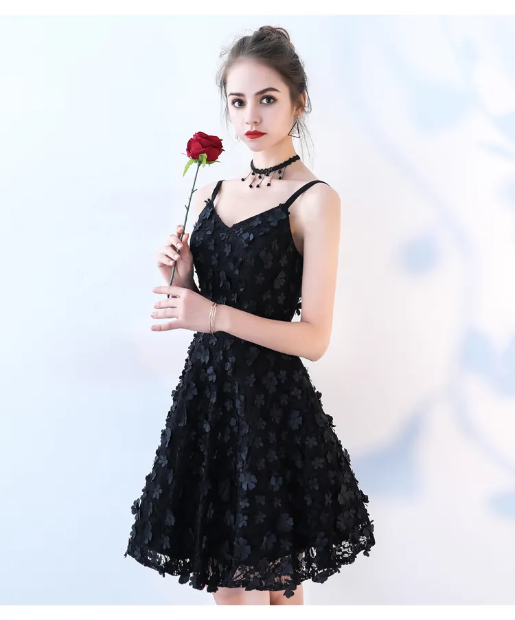 2020 Little Black Lace Flower Homecoming Dress with Spaghetti Straps - Affordable Short Prom, Cocktail Party, Graduation Gown