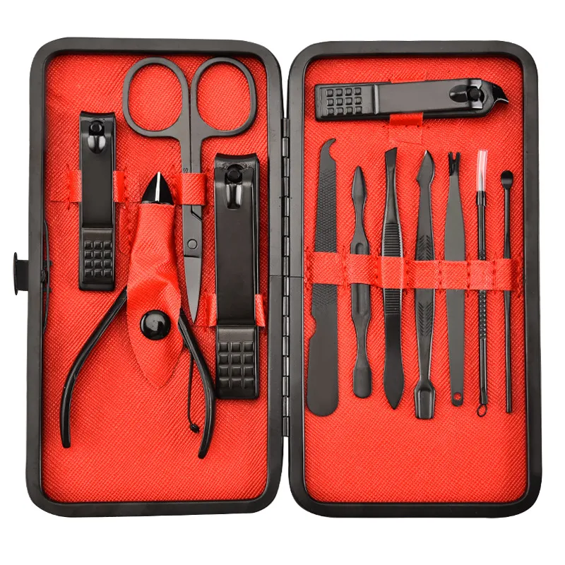 12pcs Stainless Steel Nail Clipper Kit Manicure Plier Tweezer Scissor Ear Pick Set Professional Grooming Kit With Storage Case Black Color