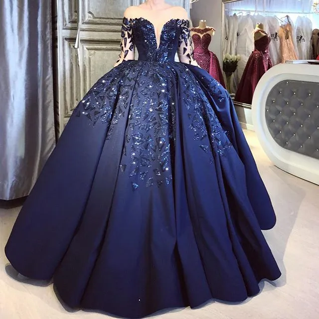 Charming Ball Gown Prom Dresses Sexy See Through Jewel Neck Long Sleeves Vestidos De Fiesta Beads Lace Appliques Satin Party Prom Dress From 134,73 € | DHgate